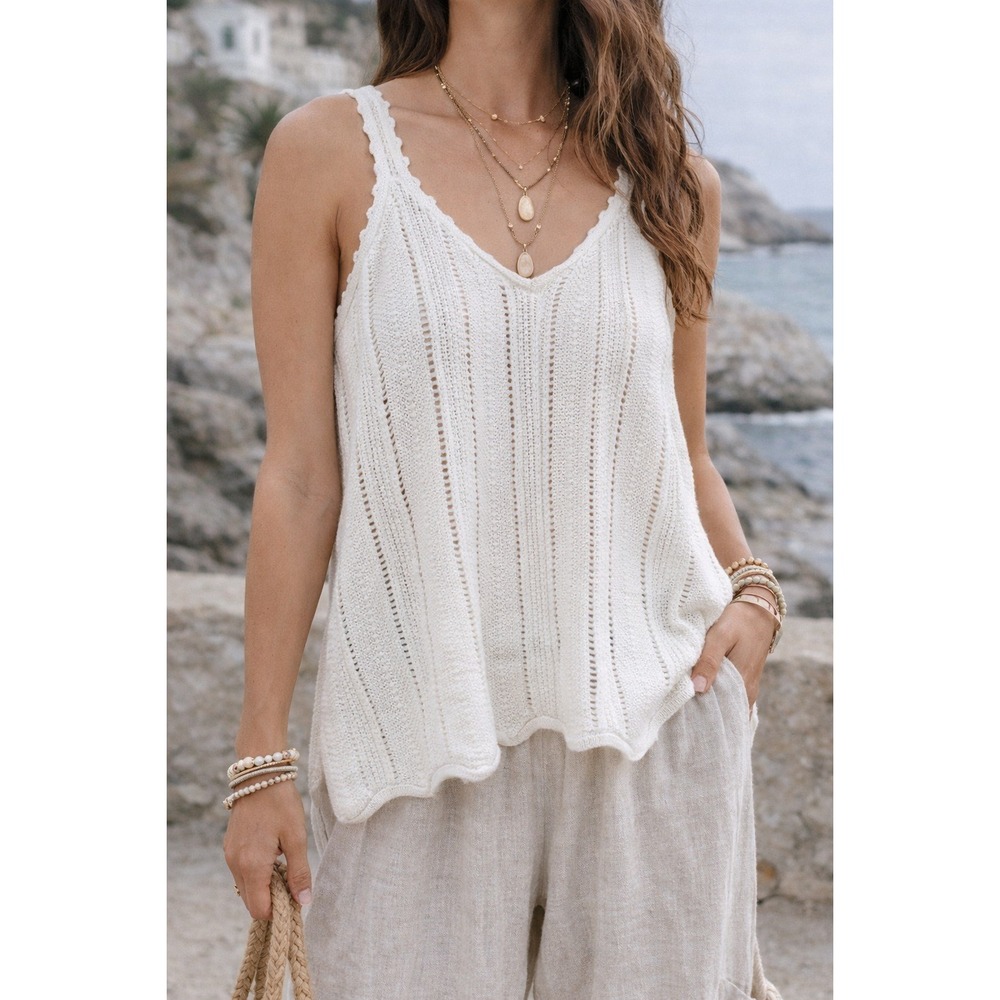 Sundance Crochet Knit Tank Top XL Linen Blend White Sleeveless Boho Coastal